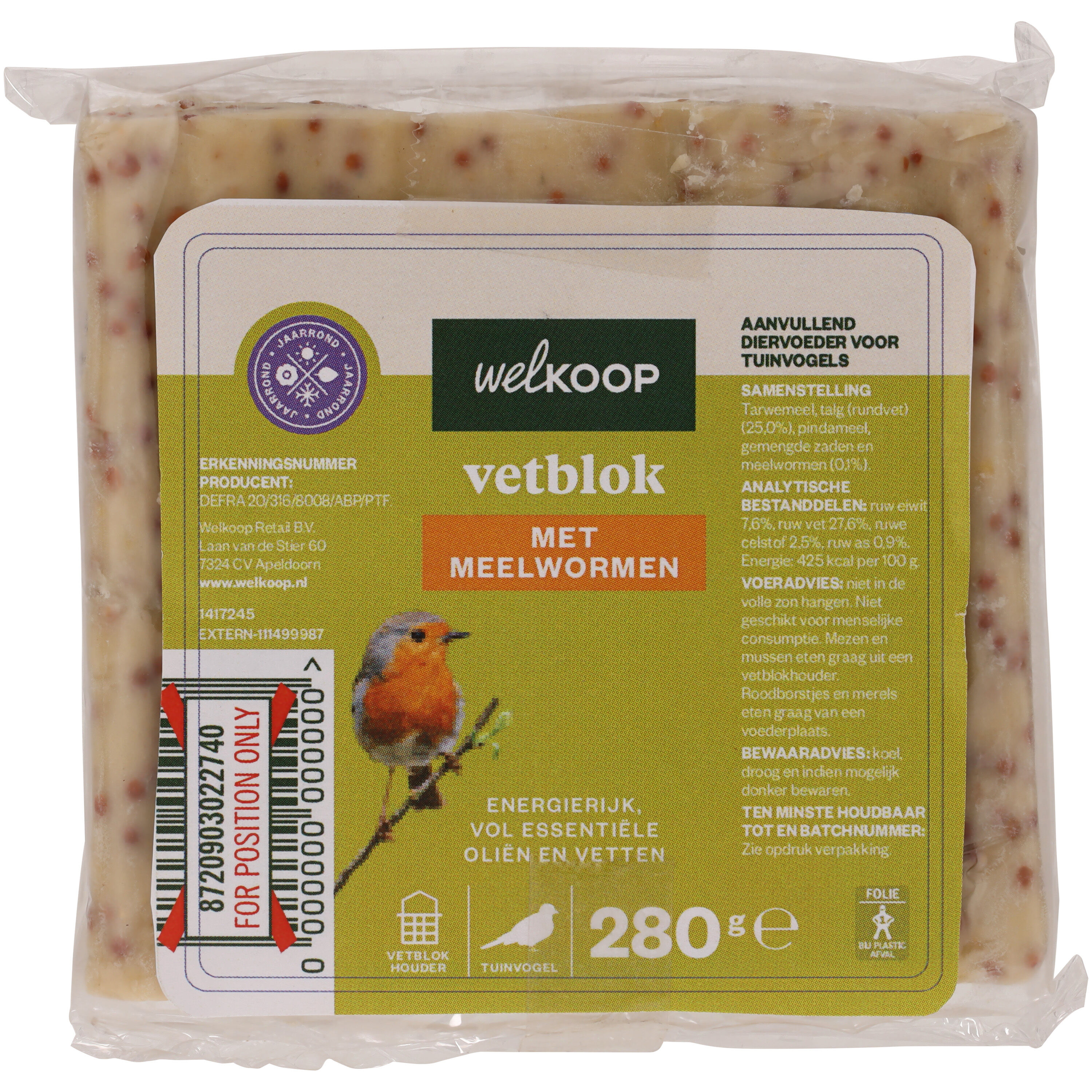 Welkoop - Vetblok - Tuinvogelvoer - 280 Gram - Meelwormen