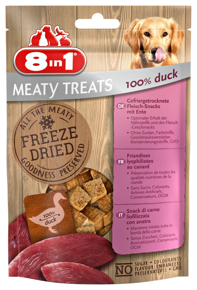 8in1 Meaty Treats Freeze dried - Hondensnack - 50 Gram - eend 8in1 Meaty Treats Freeze dried - Hondensnack - 50 Gram - eend