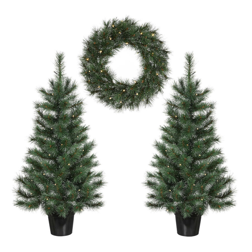 Black Box Trees 2 kunstkerstbomen & Krans LED - Kunstkerstboomset - Groen - 85 - 90 cm